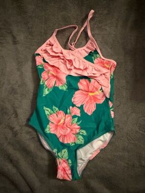 NWT  Girls  Pink Floral And Green Swimsuit 4/5T